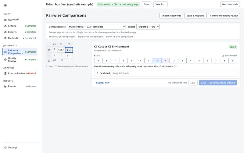 The pairwise comparison matrix for three main criteria, with one judgment selected for editing.