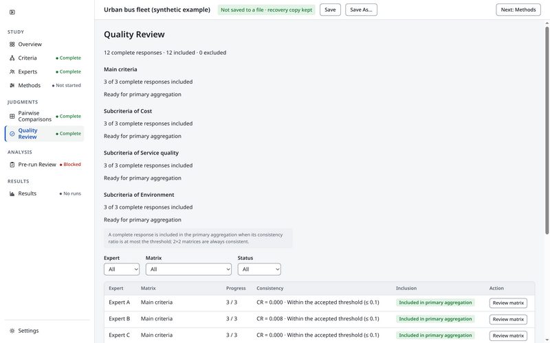 The Quality Review page listing consistency ratios for each expert and comparison set.