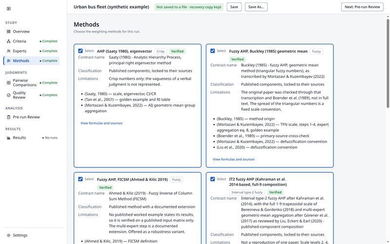 The Methods page with five weighting methods selected.