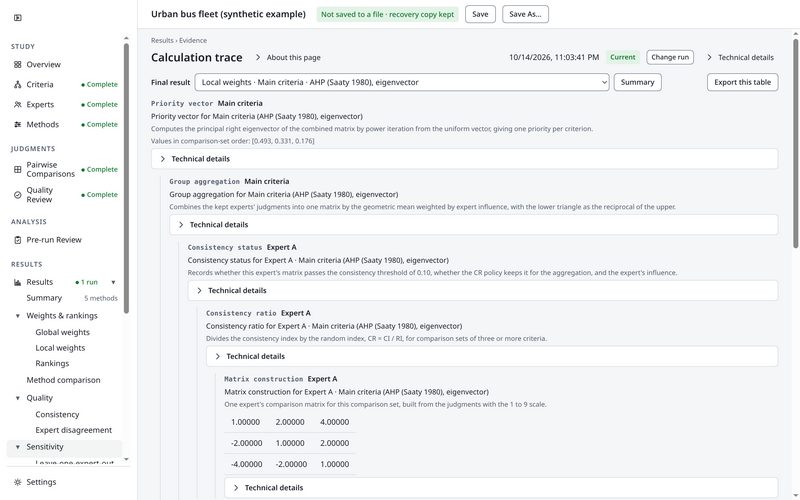 The Calculation trace page listing source objects with publication locators and one expert's matrix.